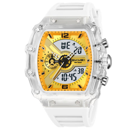 Multifunctional Mens Watch With Dual Displays Featuring A Stylish Barrel-shaped Case