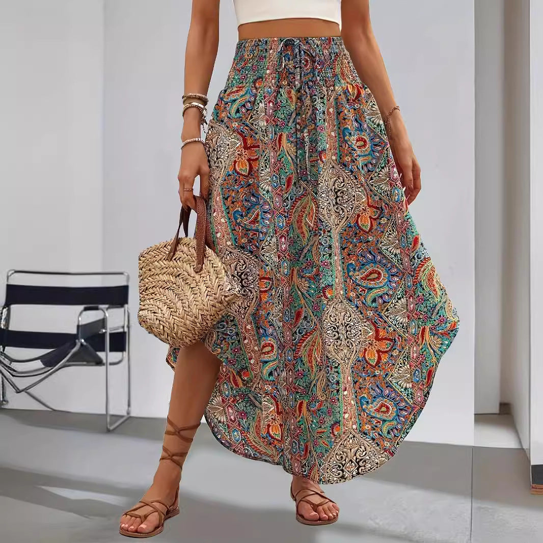 Drawstring High Waist Half-length Printing Long Skirt