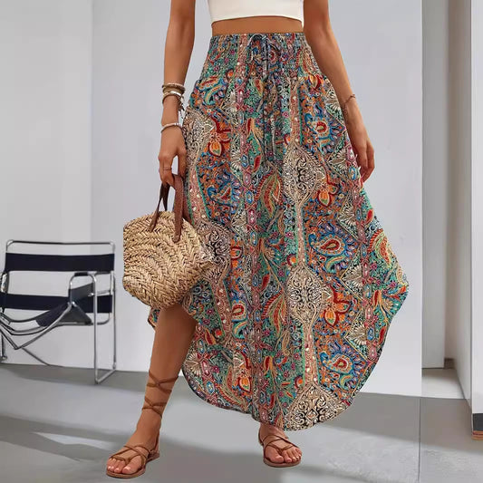 Drawstring High Waist Half-length Printing Long Skirt