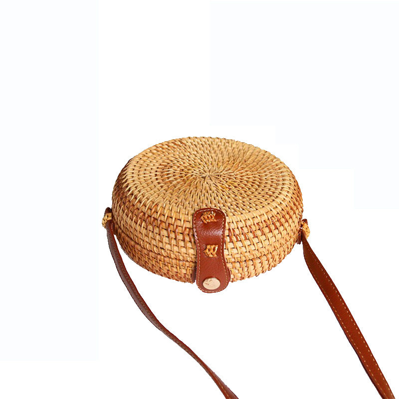 Rattanvævet Taske Retro Dame Lille Rund Skuldertaske