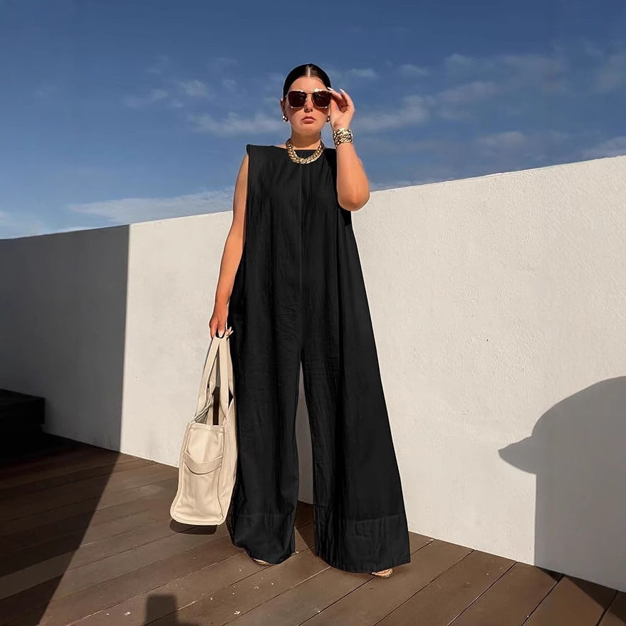 European And American Leisure Solid Color Wide Leg Jumpsuit