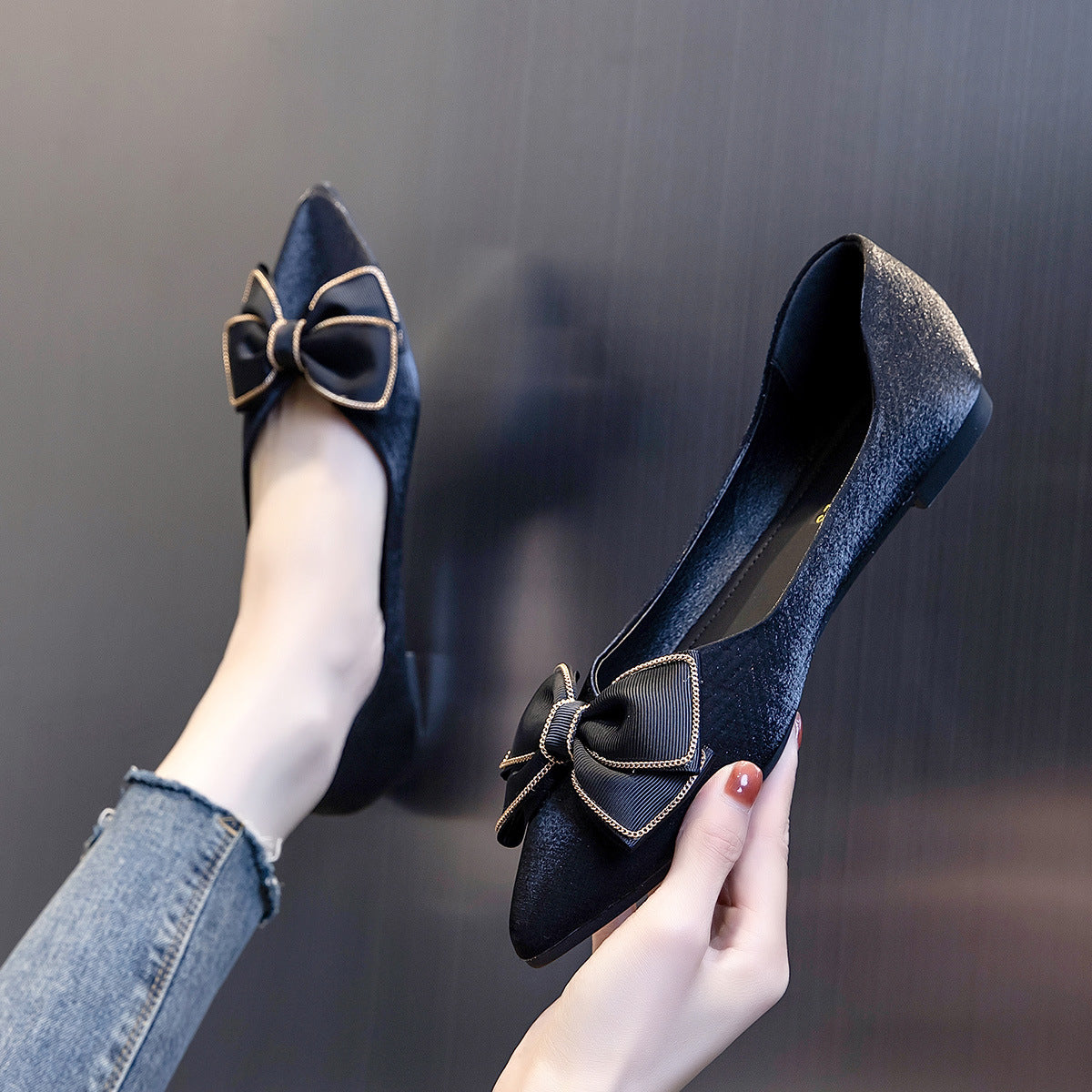 Bowknot Pointed Toe Low Heel Women's One-step Shoes