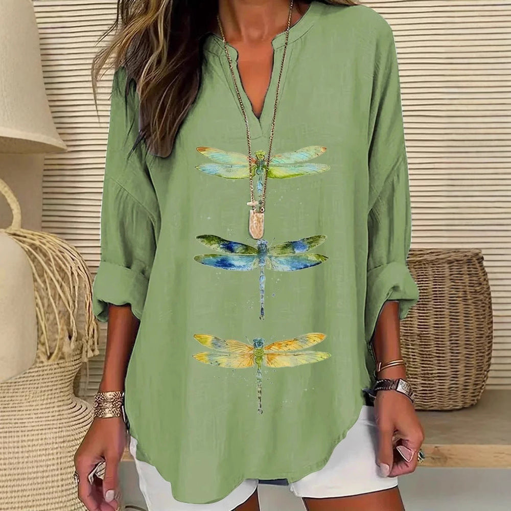 European And American Women's Clothing Small V Stand Collar Button Drop-shoulder Long-sleeve Women's T Curved Hem Clothes