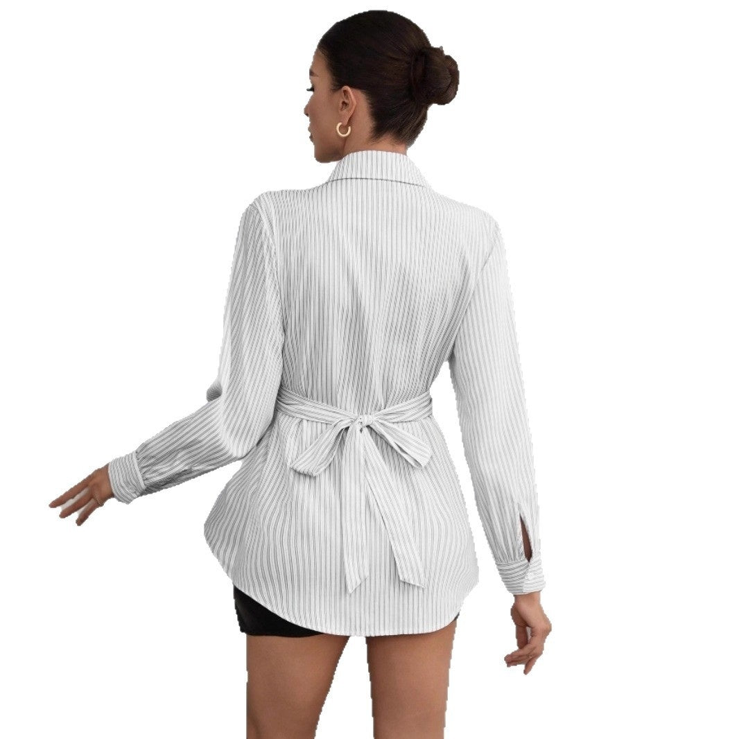 Womens Fashion Irregular-Waist Belt Long-Sleeve Shirt