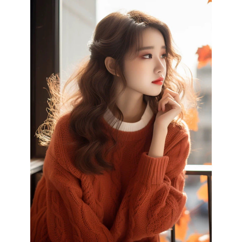 Orange Round Neck Fall And Winter Inner Wear Classic Style Loose Knitted Top