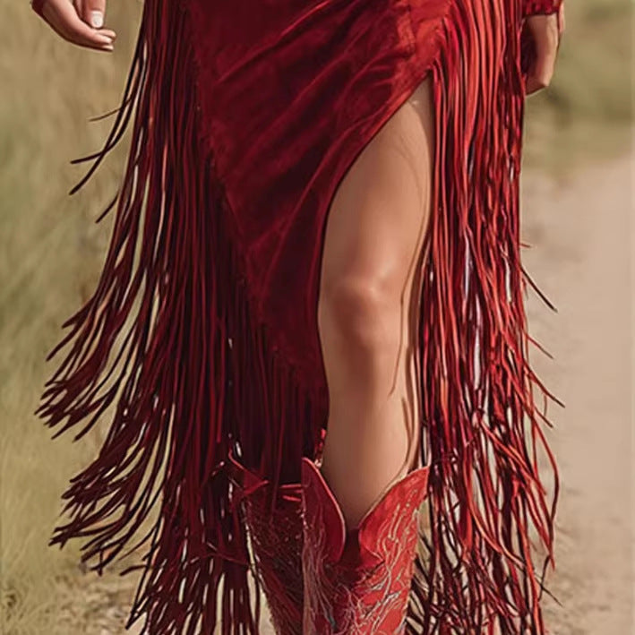 Retro Embroidered Red Tassel Faux Suede Midi Skirt