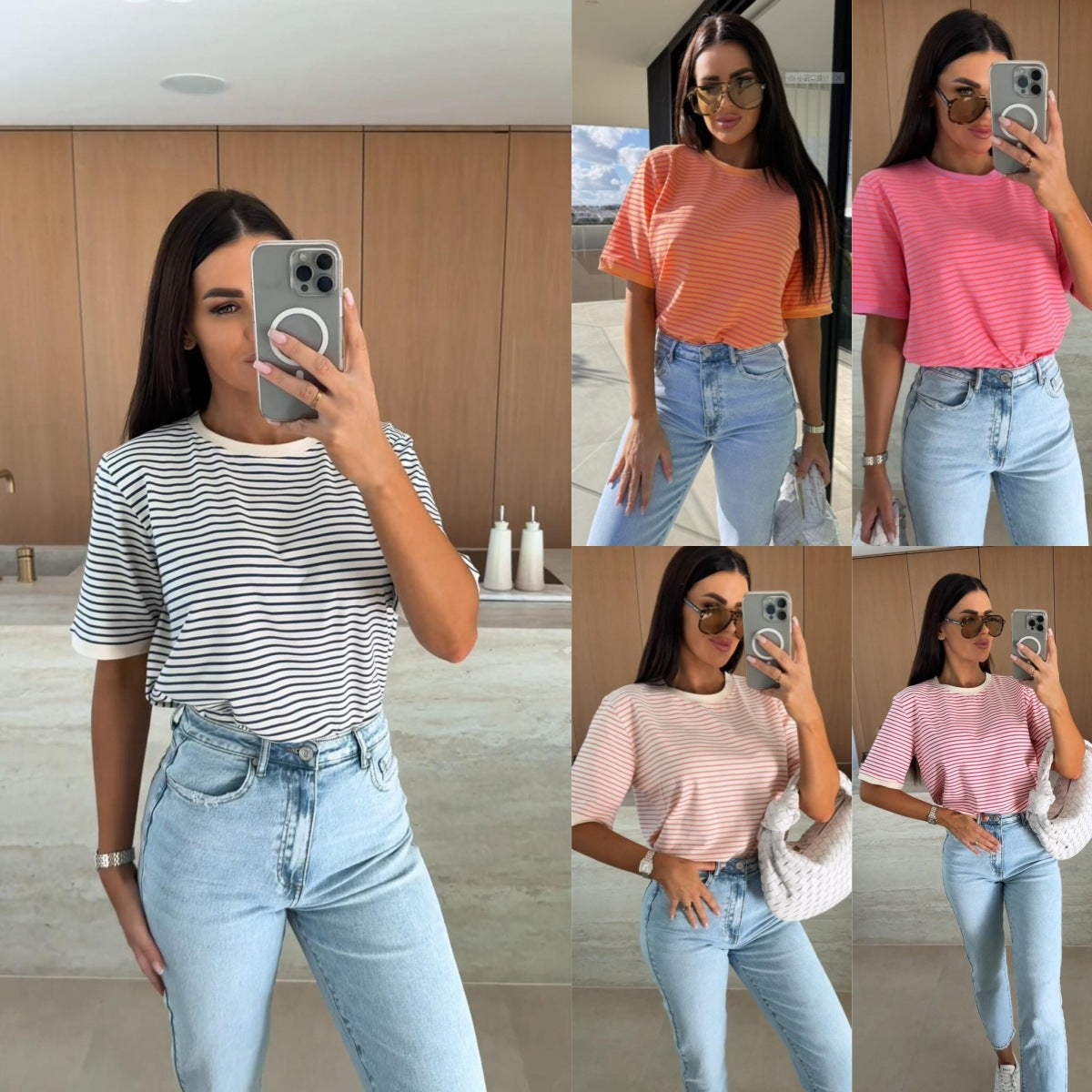 Summer Casual Striped Round Neck Loose Color Matching Short Sleeve