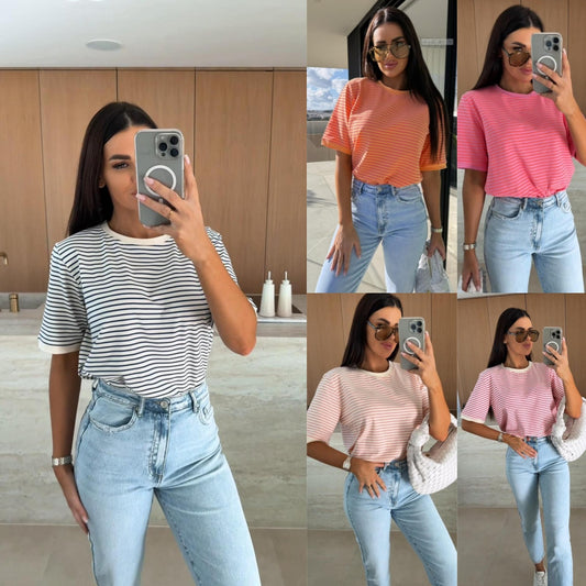 Summer Casual Striped Round Neck Loose Color Matching Short Sleeve