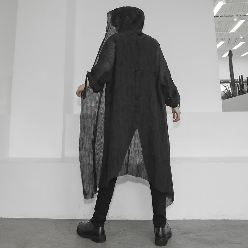 Long Hooded Crumpled Linen Shirt For Men And Women