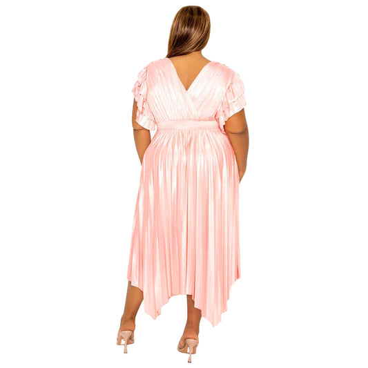 Plus-size Dress With A V-neck Ruffled Sleeves And Pleated Detailing
