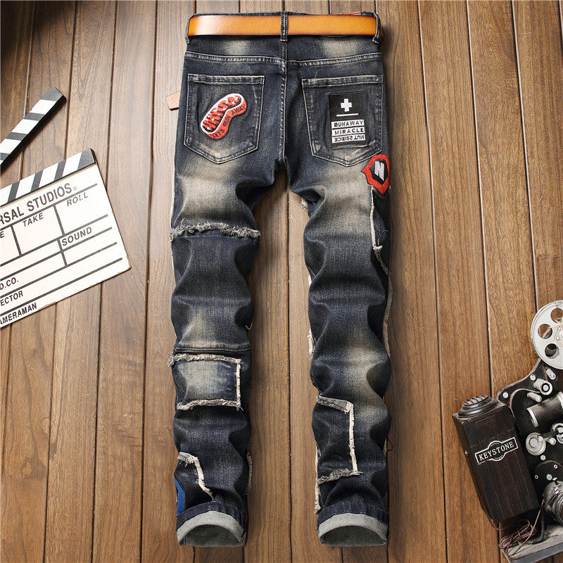 New European And American Style Men's Ripped Patch Stretch Jeans