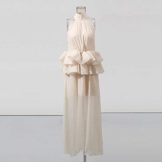 Long Ruffled Dress Sleeveless Stand Collar Solid Color Dress