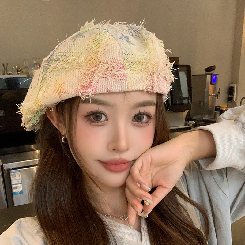 Colorful Plaid Five-pointed Star Advance Hats Women's Korean-style Anti-wear Distressed Edging Beret