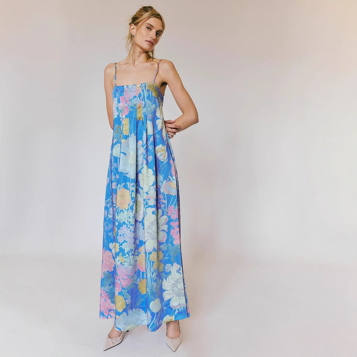 Strap-printed High-waist Belt A-line Dress