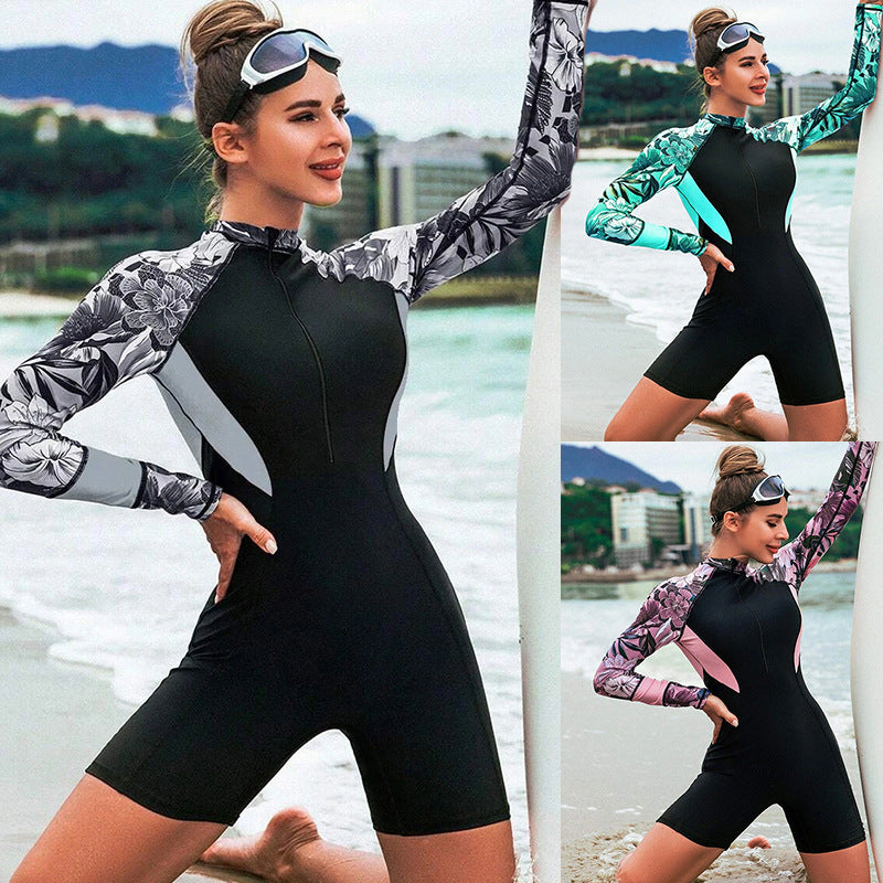 Women's Printed Long-sleeved Zipper One-piece Swimsuit