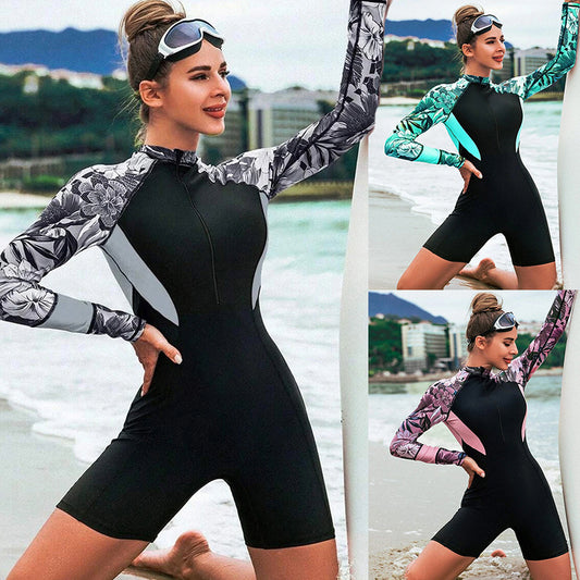 Women's Printed Long-sleeved Zipper One-piece Swimsuit