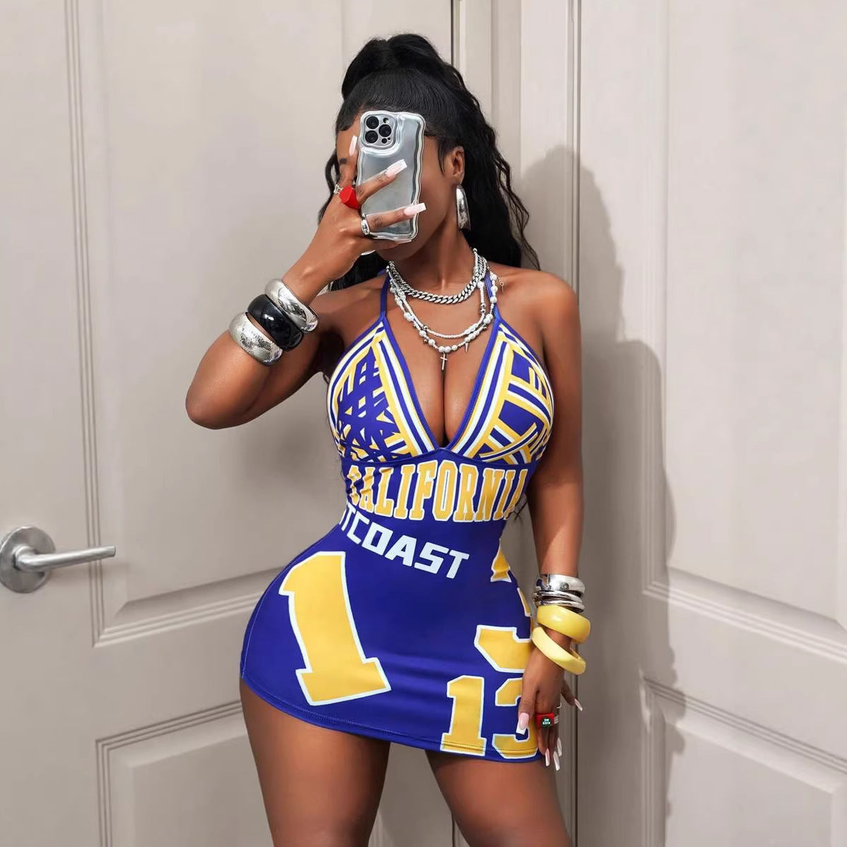 Womens Fashionable Sexy Printed Halterneck Deep-V Backless Dress
