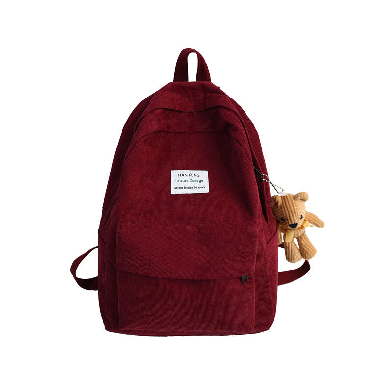Versatile Simple Corduroy Backpack With Double Shoulders And Large Capacity
