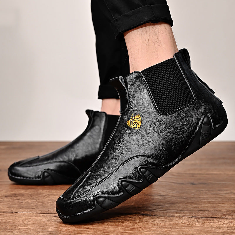 Warm Men's Casual Shoes Men's Leather High Top Peas Shoes