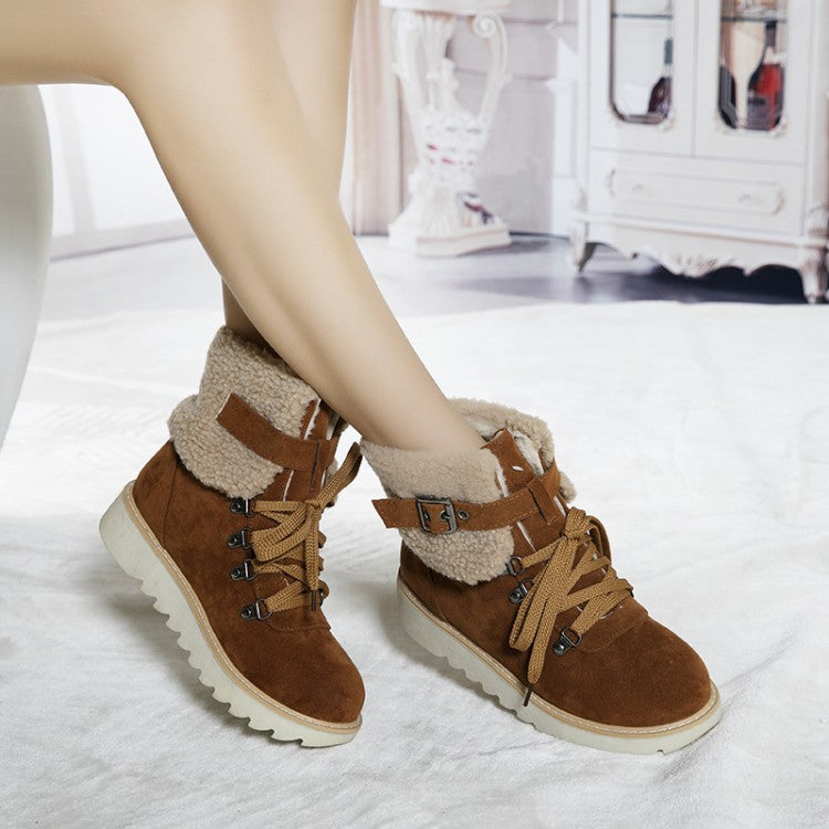 Women's Flanged Lace Belt Buckle Side Zipper Warm Snow Boots