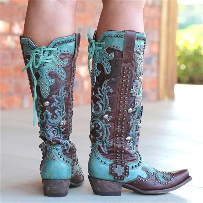 Women's Pointed Thick Heel Embroidered Printed Lace-up Mid-tube Boots
