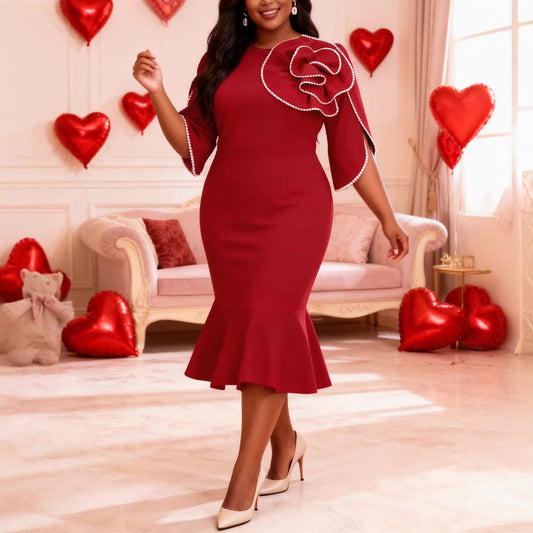 Plus-size Womens Wine-red 3D Floral Dress