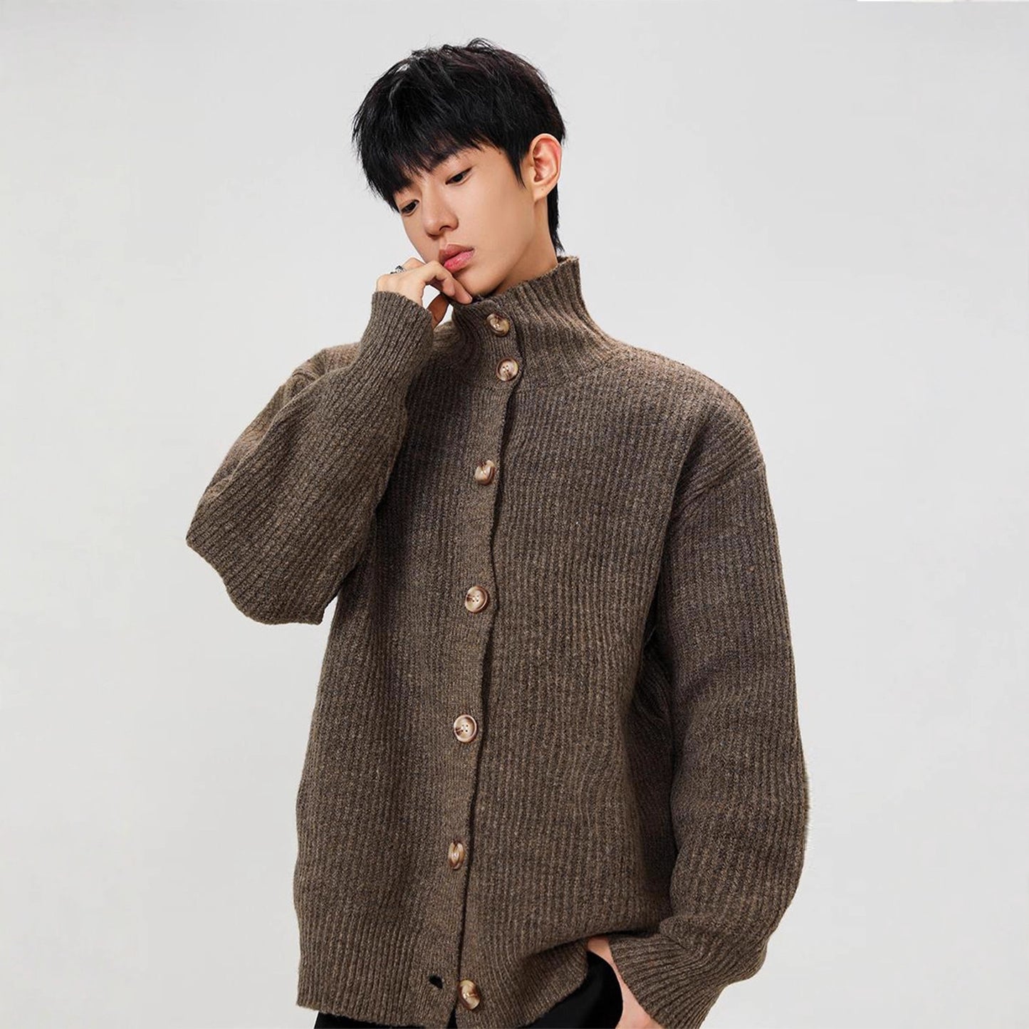 Mens Americanstyle CoffeeColored StandUp Collar Knit Sweater Coat