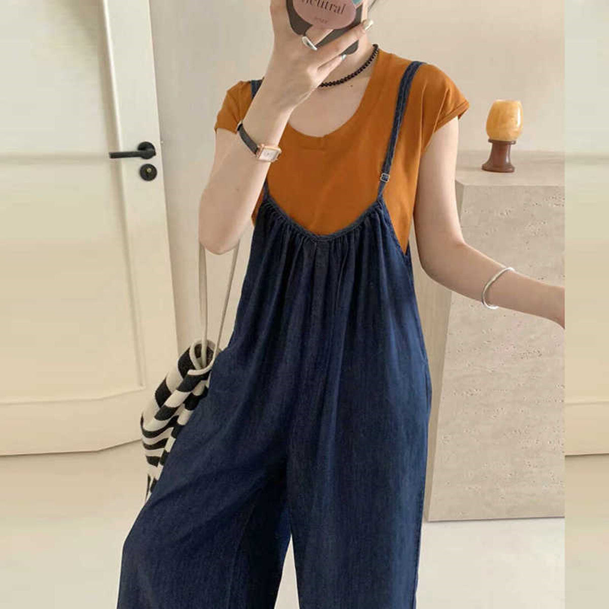 Denimoverall Sæt Løst Stort Størrelse Selestof Jumpsuit Kortærmet Todelt Sæt