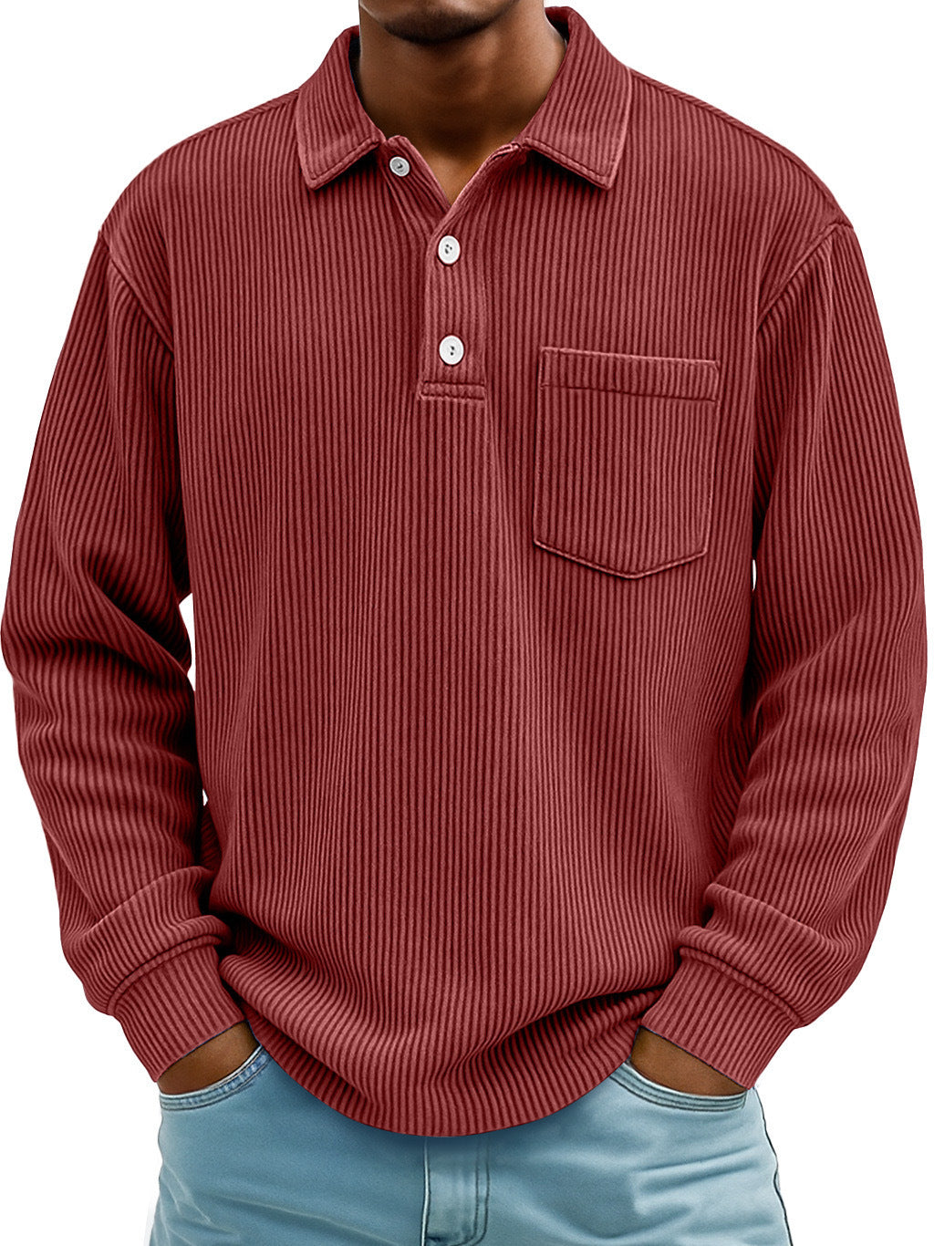 Mens Long-sleeve Polo Shirt Casual Corduroy-striped Top