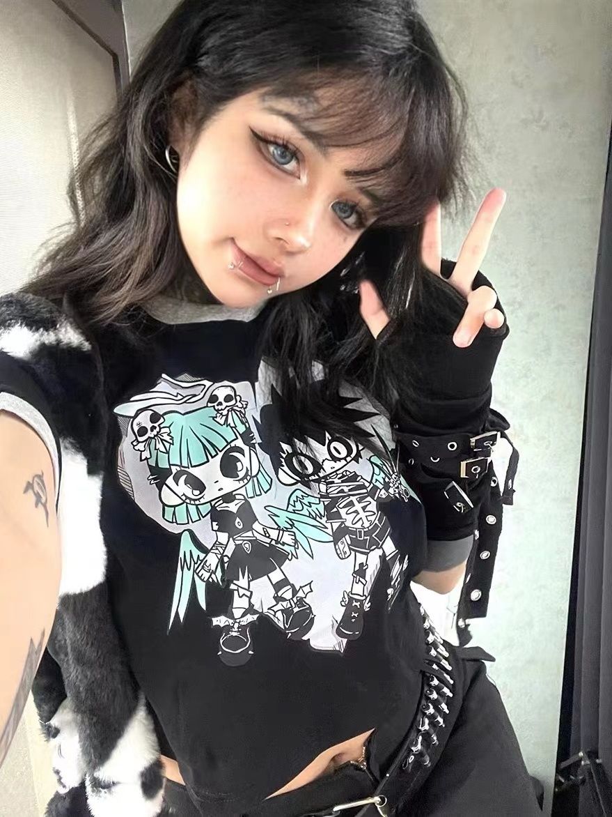 New Seasonal Patchwork Short-sleeve Street-style Cropped Top For Sassy Girls