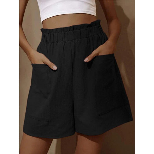 Solid-color High-waist Shorts Womens Wide-leg Pants
