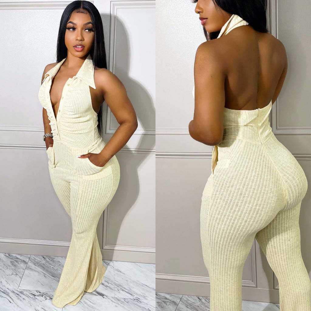 Women's Solid Color Halter Neck Lapel Jumpsuit
