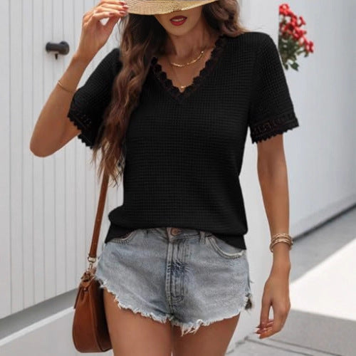 Womens V-neck Casual Waffle-knit Lace-panel Short-sleeve Top