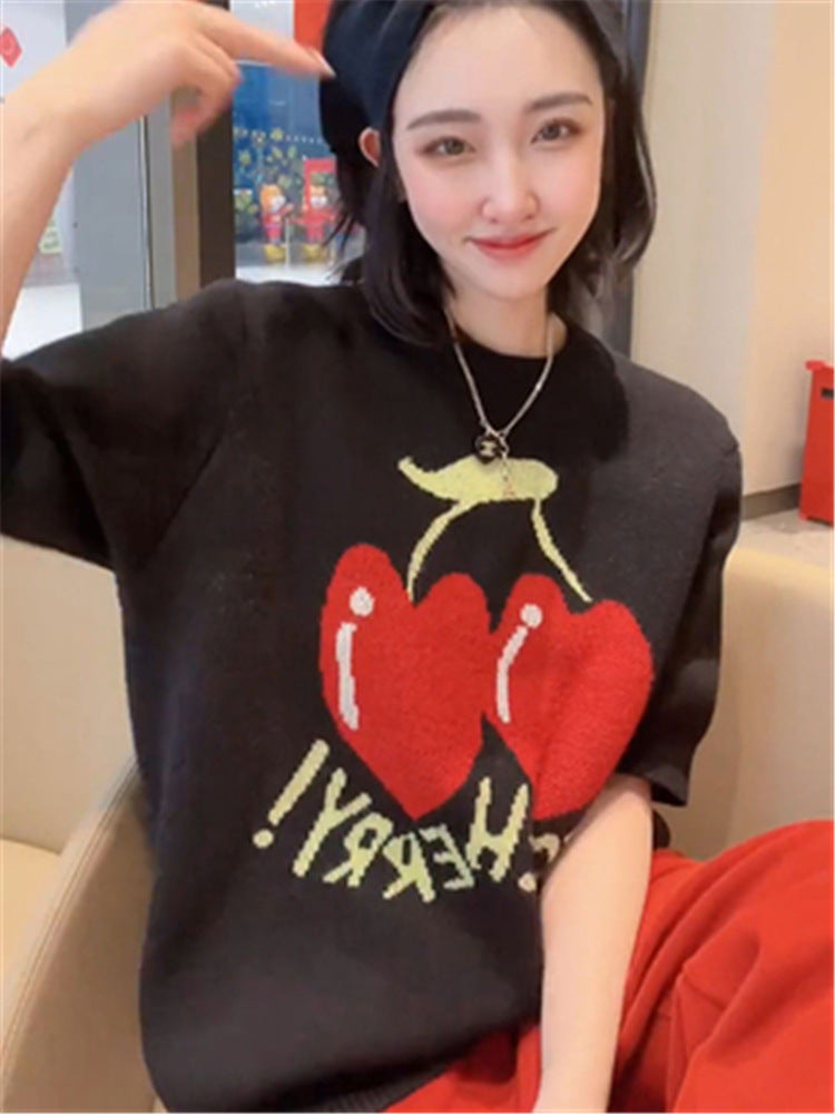 Women's Spring Cherry Design Niche Pullover Sweater Top