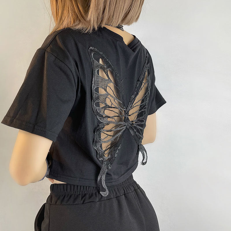 Black Lace Butterfly Exposed Navel Short T-shirt