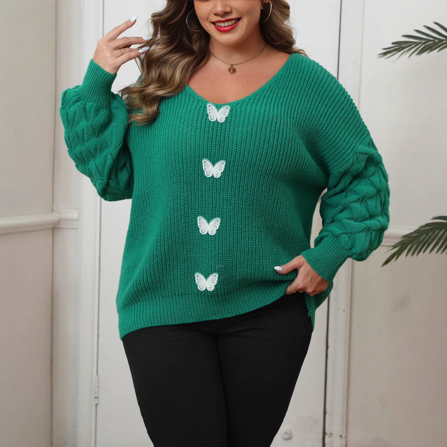 Plus Size Dame Ananas Ærme Sammenføjning Dybt V Vævet Blonde Sommerfugletrøje