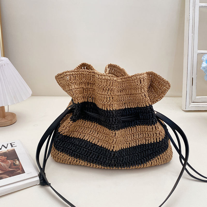 Women's Striped One Shoulder Braided Straw Bag