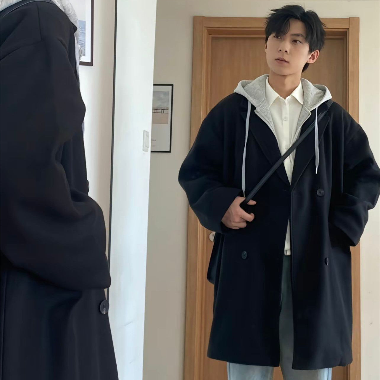 Men's False Two-piece Patchwork Hooded Loose Coat