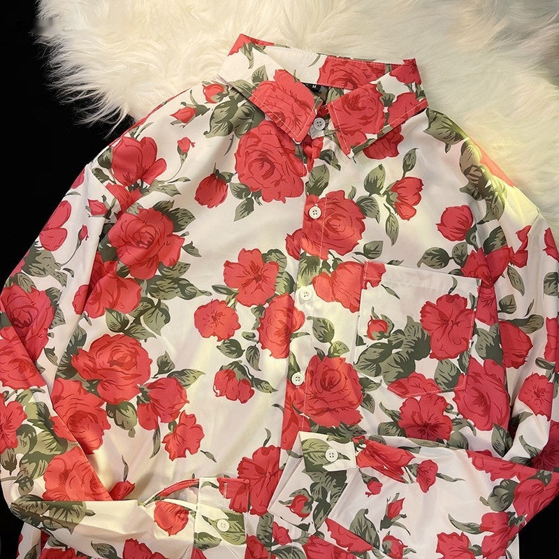 Hong Kong Style Printed Shirt Men's And Women's Loose Long Sleeves