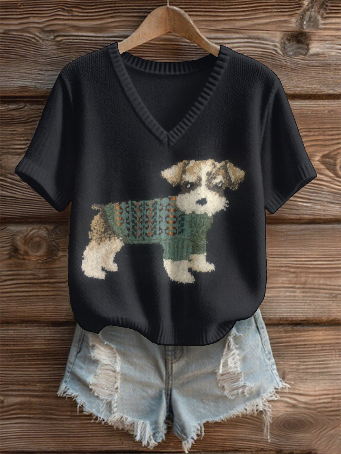 Imitation Sweaters Women's Clothing Short Sleeve V-neck Loose Top