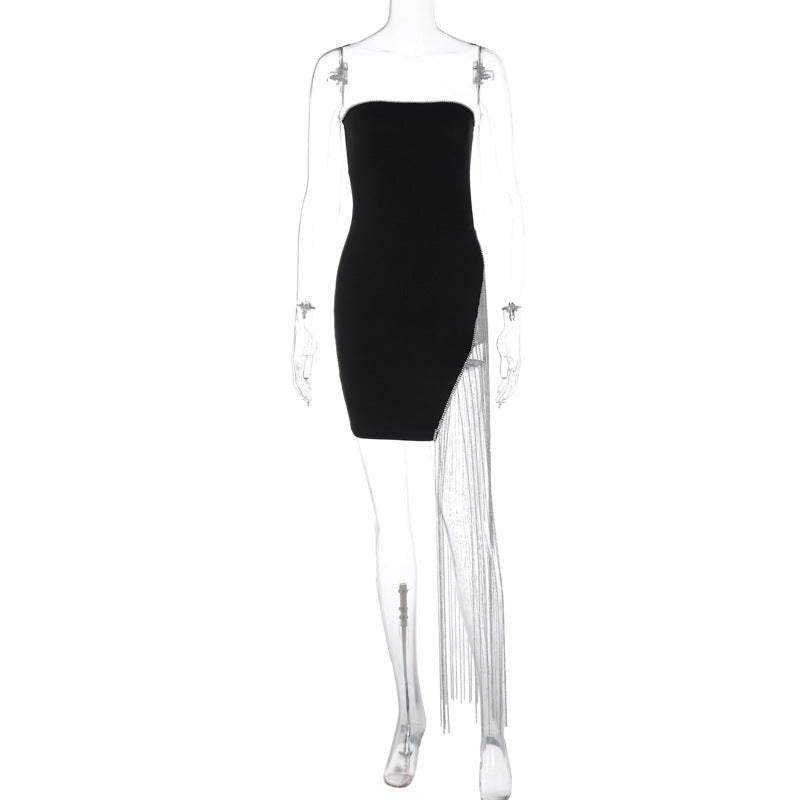 Solid Color Chest Wrap Stitching Tassel Split Dress