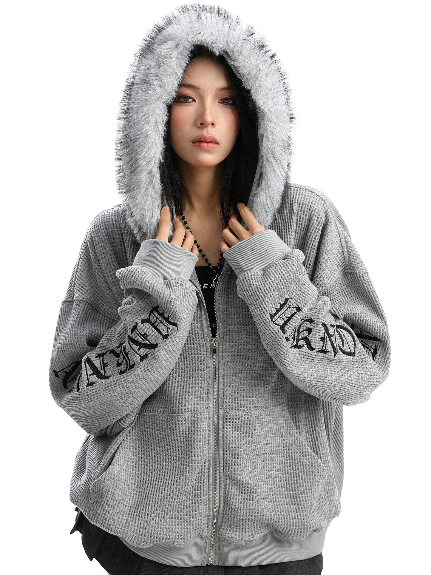Cross Printed Hoodie Women's Fur Collar Baggy Coat