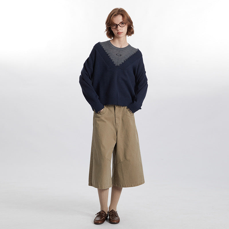 European And American Raw Edges Design V-neck Long-sleeved Sweater