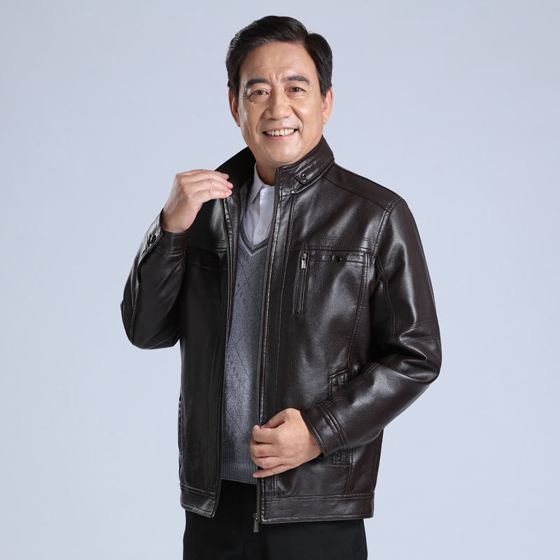 Men's Fleece-lined Thickening Stand Collar Loose Leather Coat