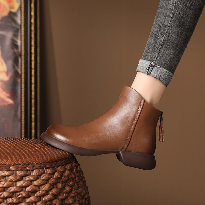 Genuine Leather Retro Western Style Short Boots Women's Autumn Back Zipper
