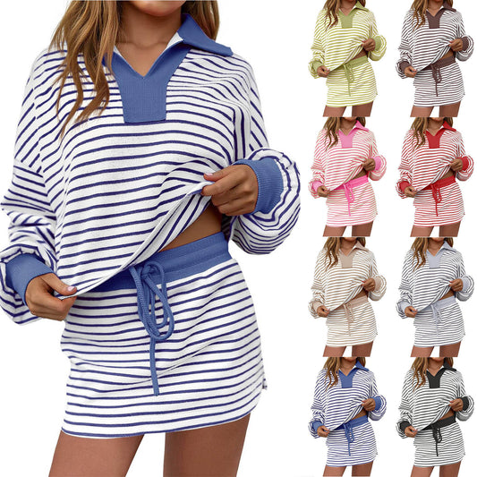 V-neck Short Skirt Set Loose Casual Two-piece
