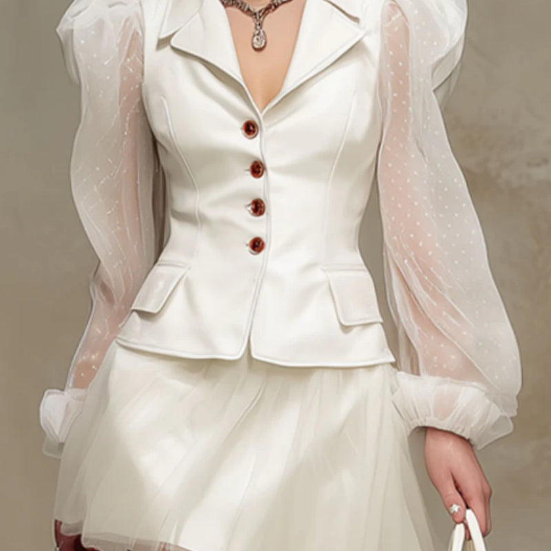 Fashionable Retro White Polka Dot Tulle Long-sleeved PU Suit Skirt Set