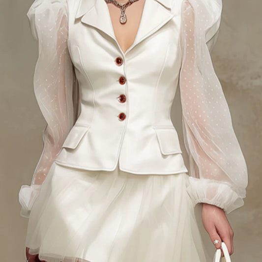 Fashionable Retro White Polka Dot Tulle Long-sleeved PU Suit Skirt Set