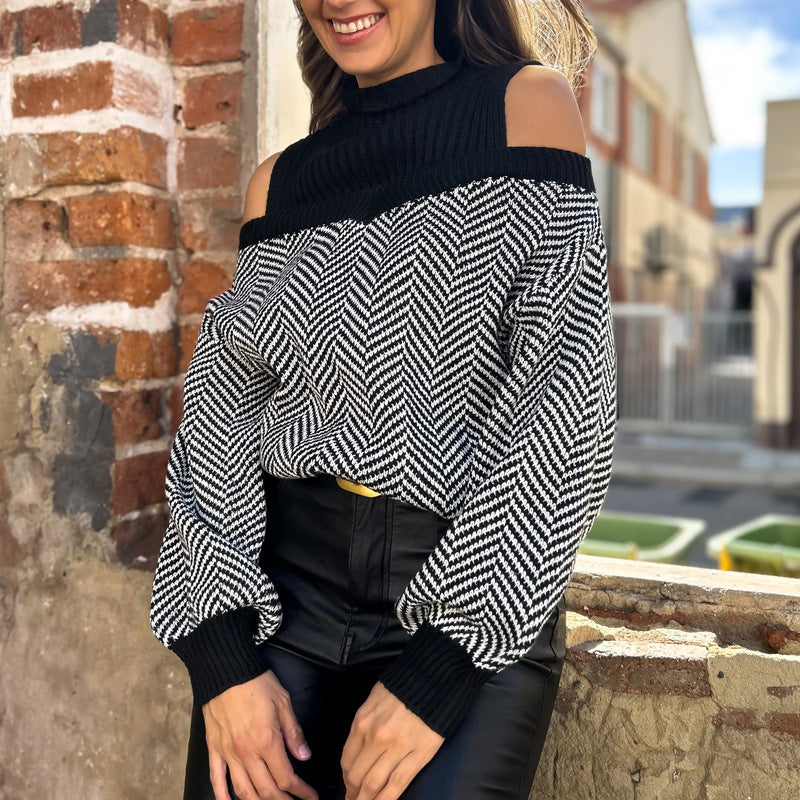 Stribet off-shoulder striktrøje til kvinder med mellemhøj krave