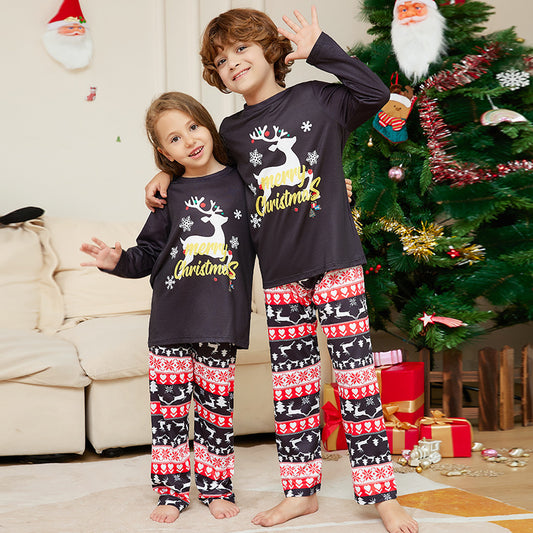 Christmas Cartoon Elk Letter Printing Round Neck Parent-child Home Wear Suit